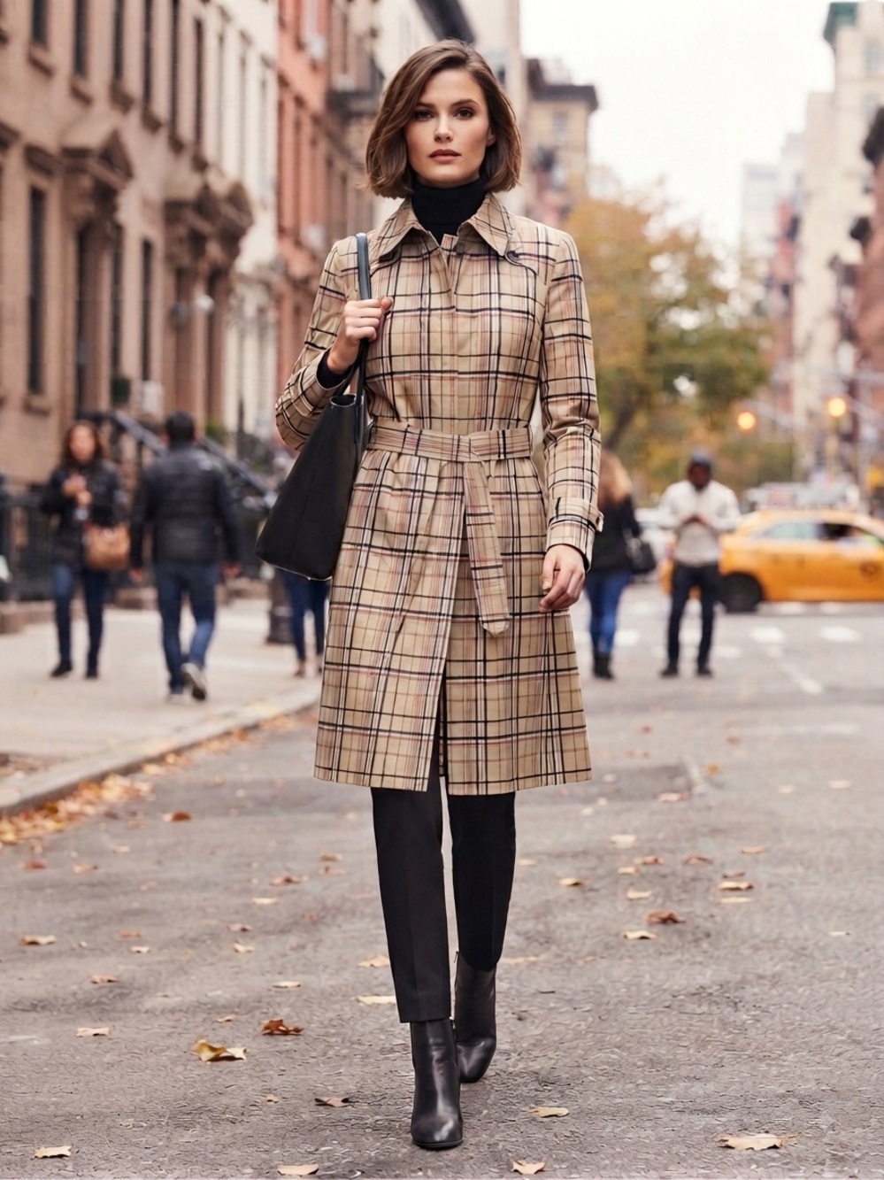 VINTAGE Jones Wear Beige Plaid Trench Coat with O-Ring Belt